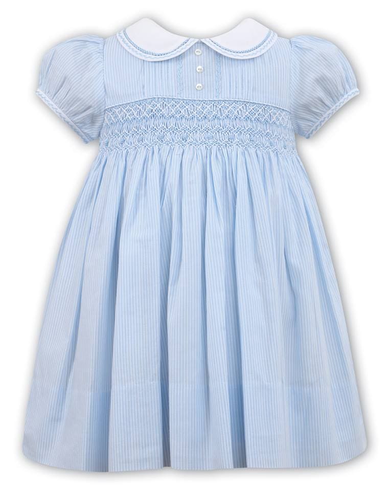 Sarah Louise White Blue Stipe Smocked Dress For Girls
