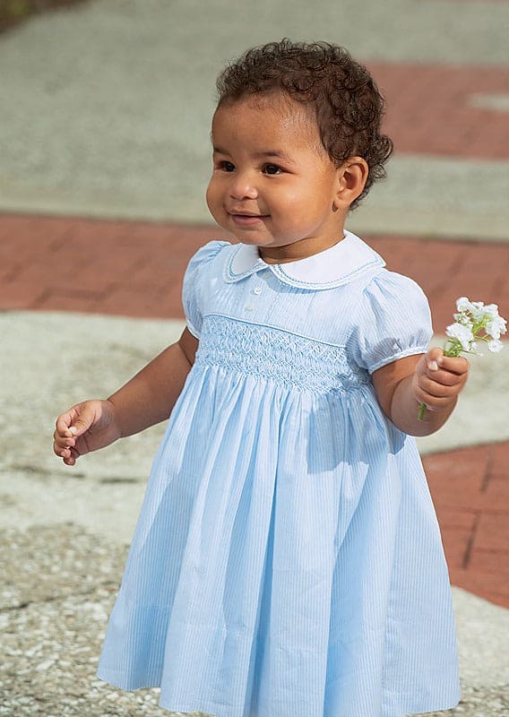 Sarah Louise White Blue Stipe Smocked Dress For Girls
