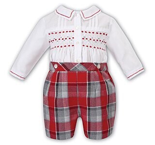 Sarah Louise Boys Smocked Red, Grey & White Tartan Outfit - 011730