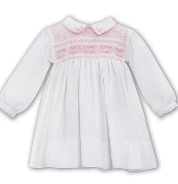 Sarah Louise White And Pink Smocked Long Sleeved Dress 0112048