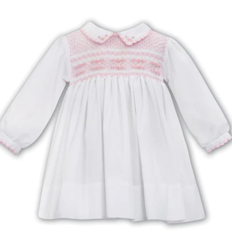 Sarah Louise White And Pink Smocked Long Sleeved Dress 0112048