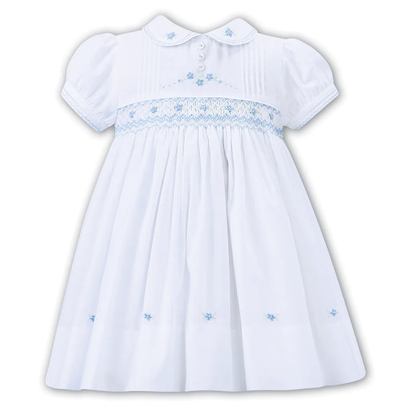 Sarah Louise - Hand Smocked White With Blue Dress 012267