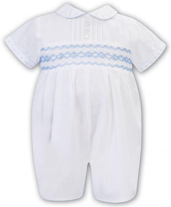 Sarah Louise Boys White & Blue Smocked Romper - 012573