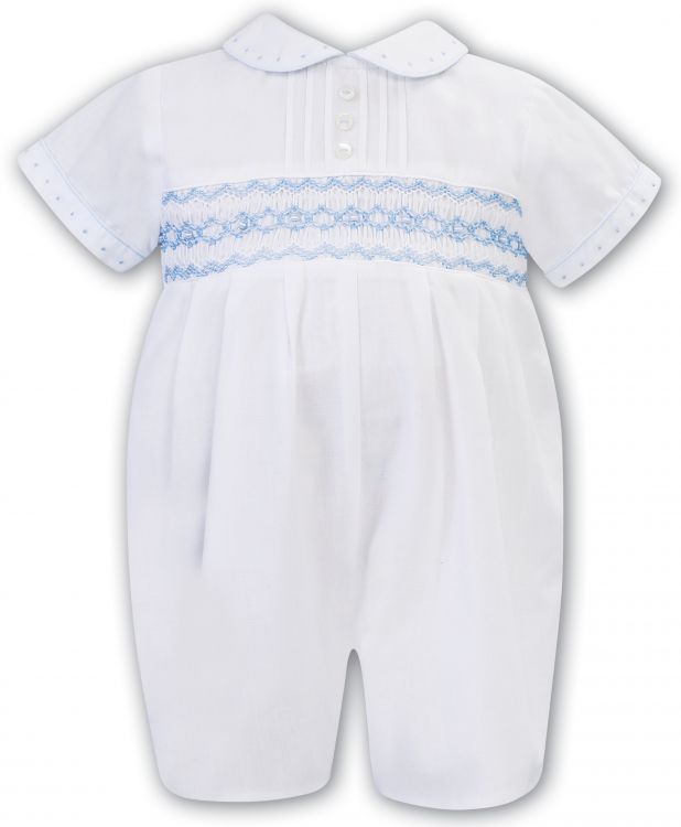 Sarah Louise Boys White & Blue Smocked Romper - 012573