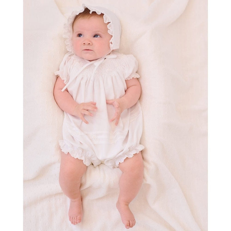 Sarah Lousie Ivory Hand Smocked Bubble Romper Matching Bonnet