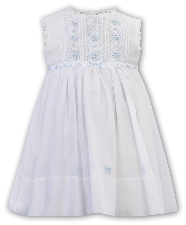 Sarah Louise White & Blue Smocked Voile Dress - 012245