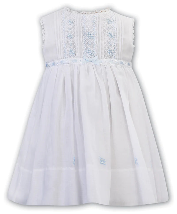 Sarah Louise White & Blue Smocked Voile Dress - 012245