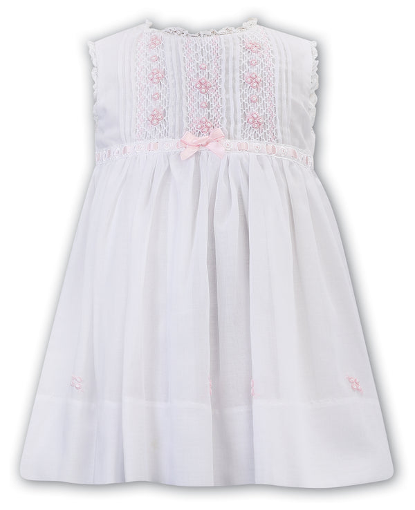 Sarah Louise White & Pink Voile Smocked Dress - 012245