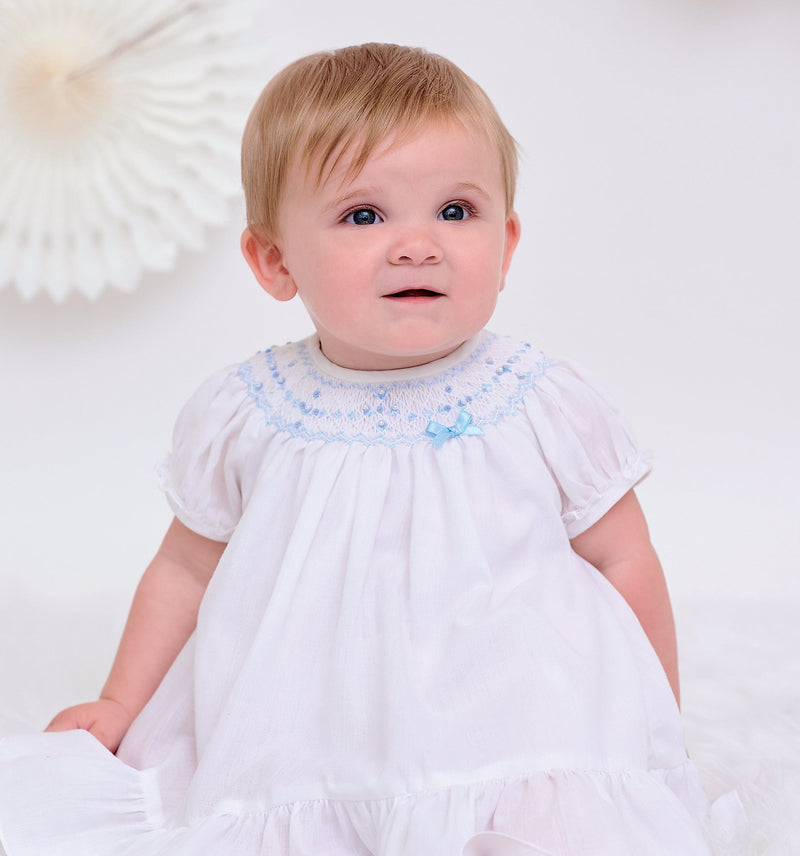 Sarah Louise Long Sleeved Smocked White & Blue Dress - 012766L