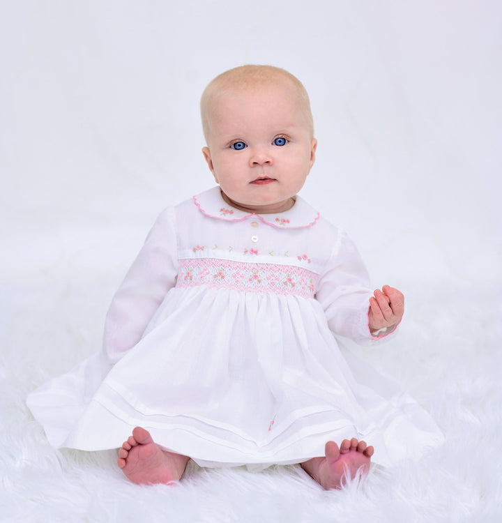 Sarah Louise White & Pink Smocked Long Sleeved Dress - 012773