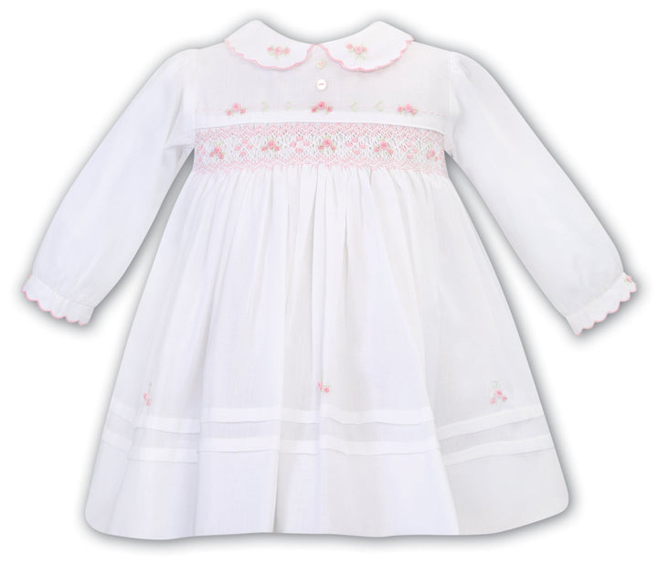 Sarah Louise White & Pink Smocked Long Sleeved Dress - 012773