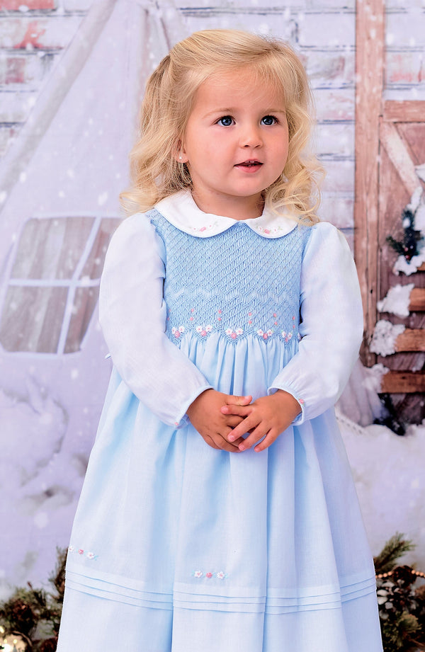 Sarah Louise Blue & Pink Hand Smocked Long Sleeved Dress - 012783