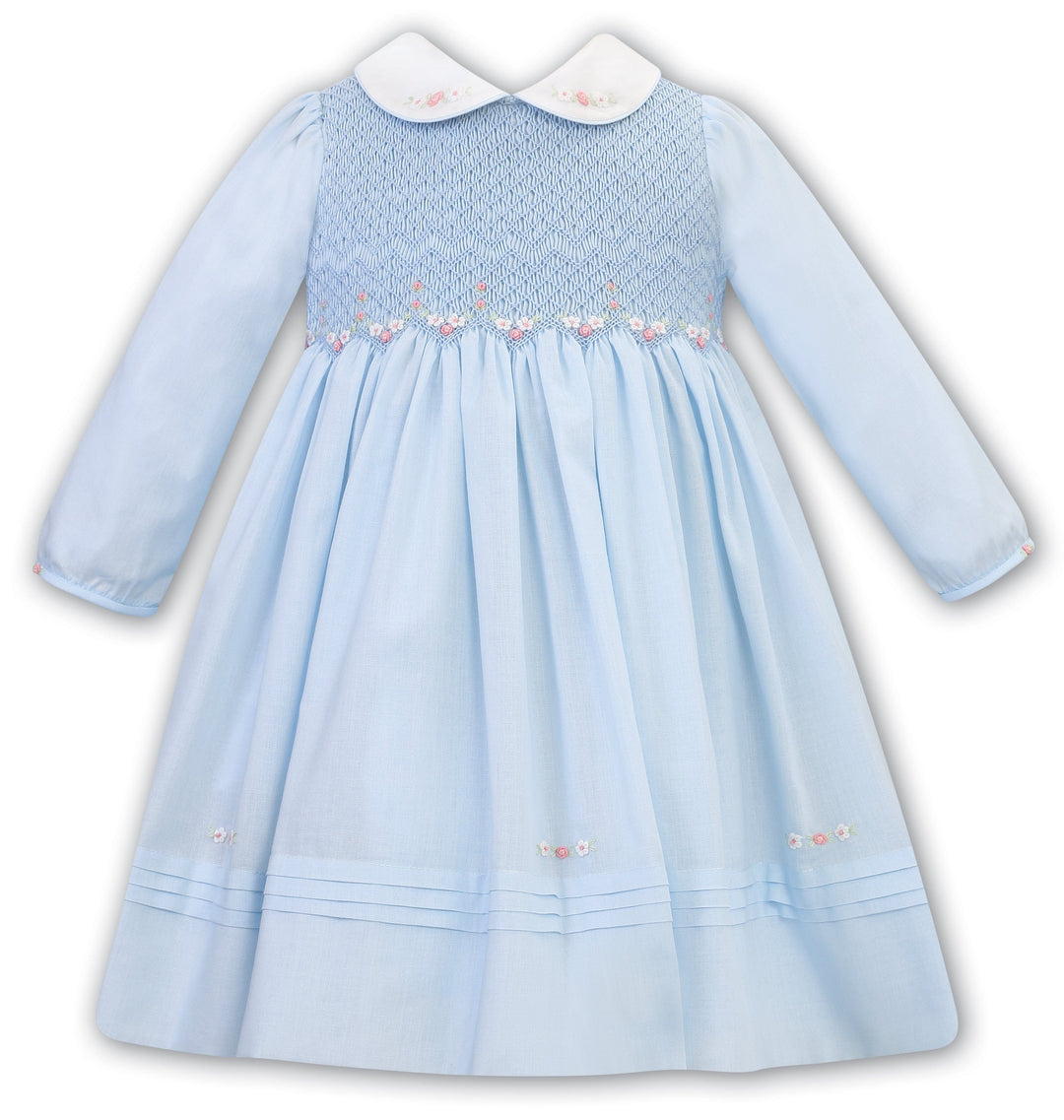 Sarah Louise Blue & Pink Hand Smocked Long Sleeved Dress - 012783