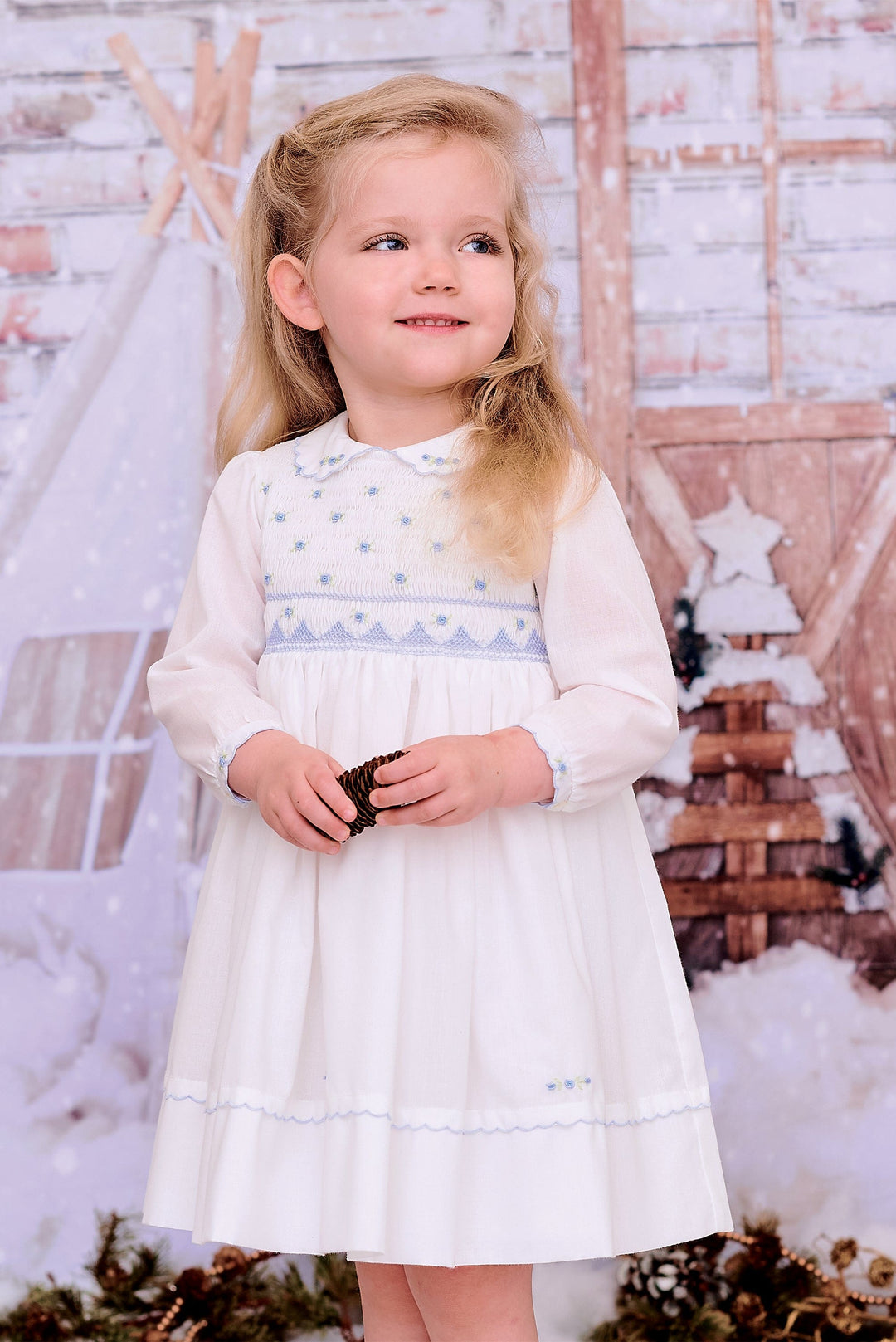 Sarah Louise Hand Smocked Ivory & Pink Dress - 012784