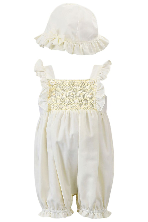 Sarah Louise Lemon Smocked Romper Shortie With Matching Sun Hat - 012287