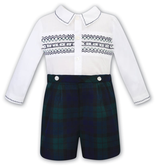 Sarah Louise Boys Smocked Two Piece Set - Navy, Green & Black Tartan - 012855