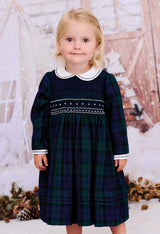 Sarah Louise Winter Navy, Green & Black Tartan Long Sleeved Dress - 012856