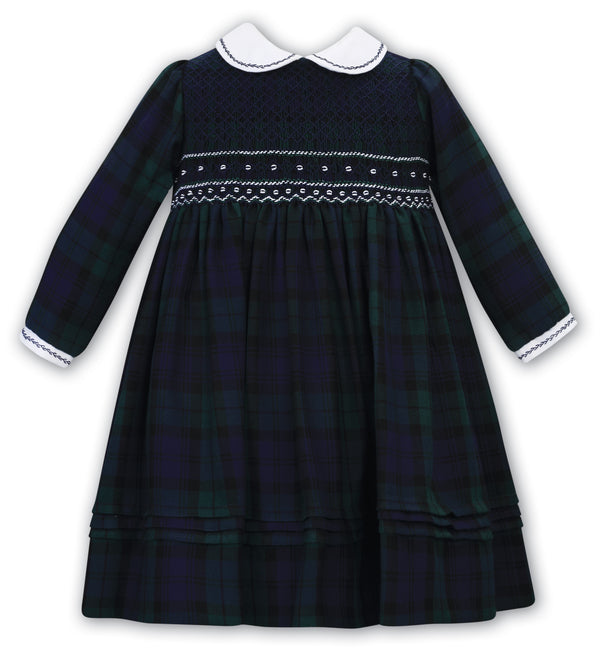Sarah Louise *Winter Navy, Green & Black Tartan Long Sleeved Dress - 012856