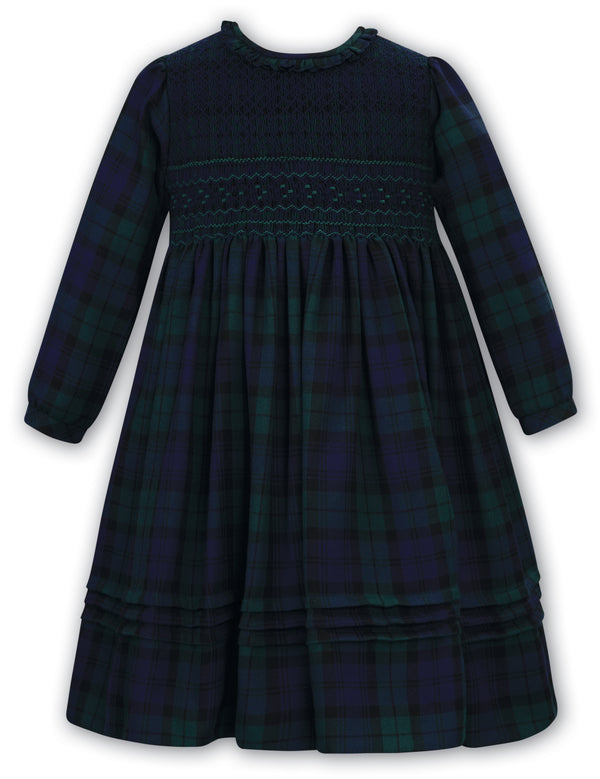 Sarah Louise *Winter Navy, Green & Black Tartan Smocked Long Sleeved Dress - 012858