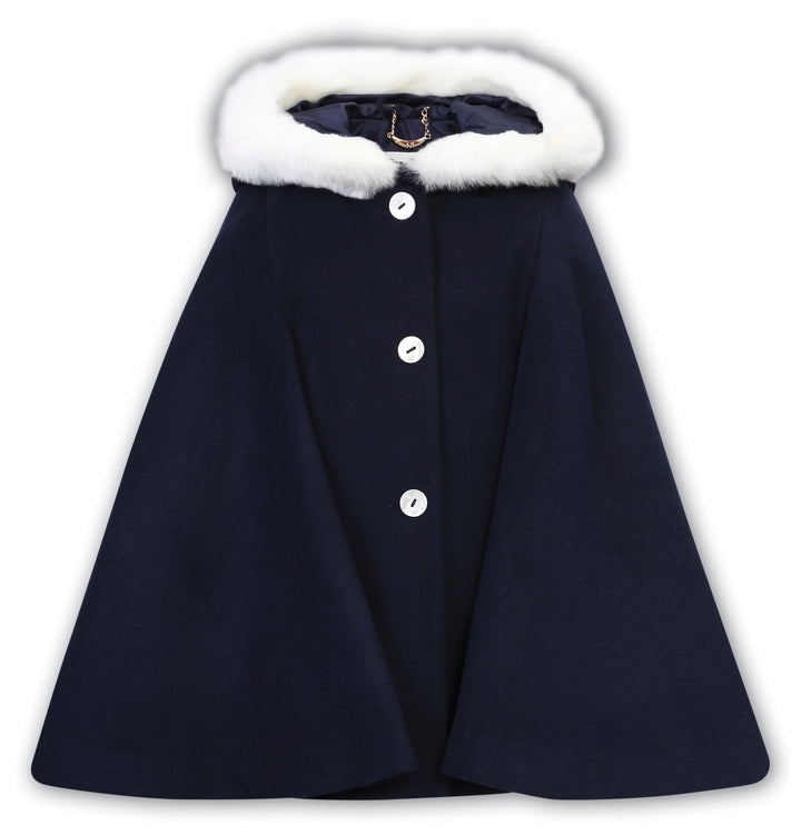 Sarah Louise Navy Cape With White Faux Fur Trim - 012873