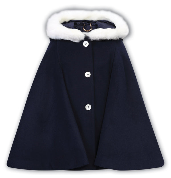 Sarah Louise Navy Cape With White Faux Fur Trim - 012873