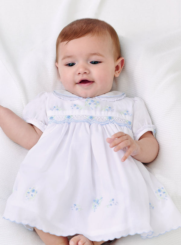 Sarah Louise Hand Smocked White And Blue Dress - 012890