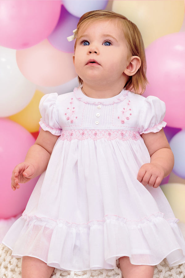 Sarah Louise White Hand Smocked Voile Dress With Pink Detail - 012895