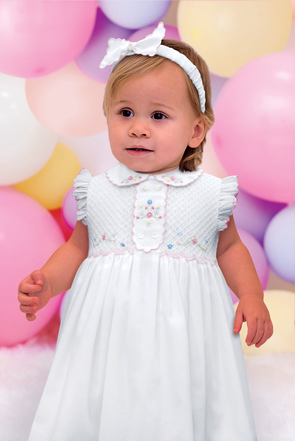 Sarah Louise White, Blue & Pink Hand Smocked Dress & Matching Headband - 012897