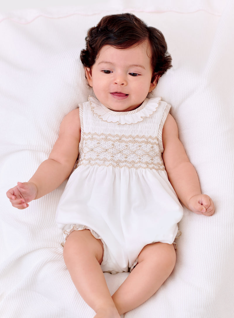 Sarah Louise Ivory & Beige Hand Smocked Bubble Romper - 012929