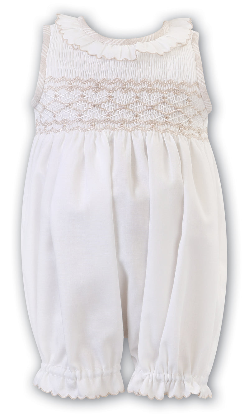 Sarah Louise Ivory & Beige Hand Smocked Bubble Romper - 012929