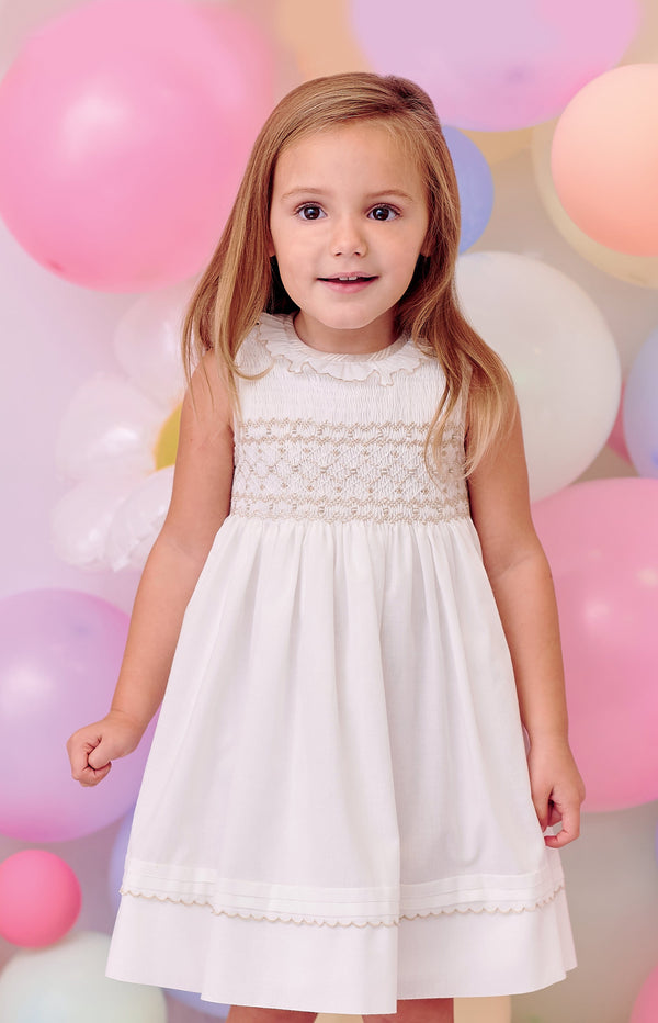 Sarah Louise Ivory & Beige Hand Smocked Summer Dress - 012931