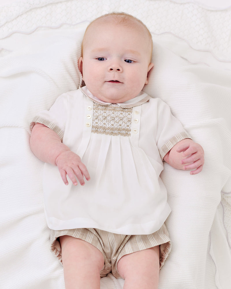 Sarah Louise Ivory & Beige Boys Hand Smocked Outfit - 012939