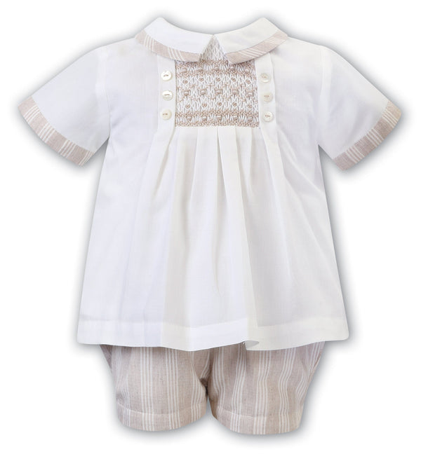 Sarah Louise Ivory & Beige Boys Hand Smocked Outfit - 012939