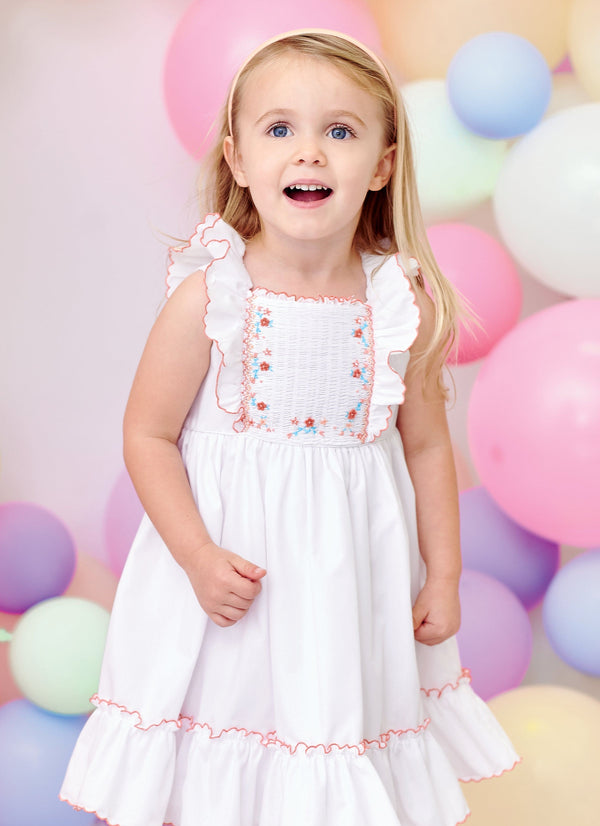 Sarah Louise White & Mint Hand Smocked Dress - 012945