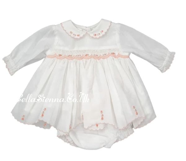Sarah Louise Baby Girls Ivory And Peach Smocked Dress And Knickers - 0129460