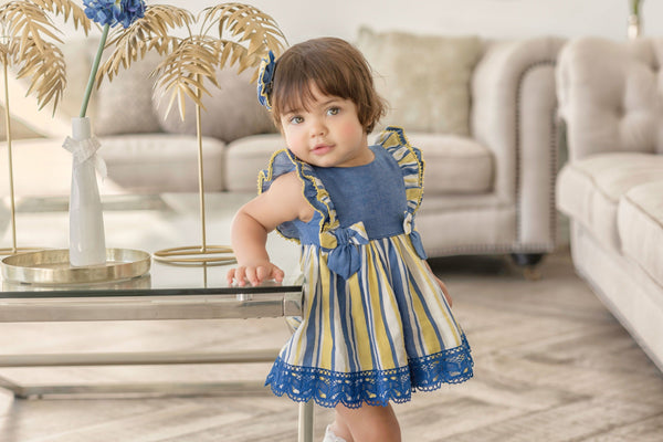 Miranda Blue Yellow Striped Dress Set For Baby Girls 0150