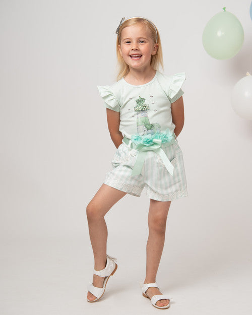 Caramelo Kids Diamante Light House Striped Shorts Set- 019092 - Mint Green