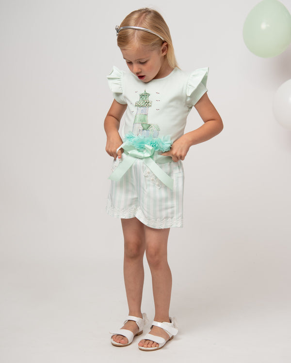 Caramelo Kids Diamante Light House Striped Shorts Set- 019092 - Mint Green