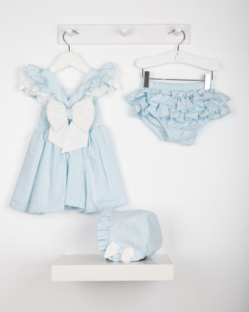 Caramelo Kids Blue & White Three Piece Striped Jampant Set with Broderie Anglaise Bow - Style number: 031580