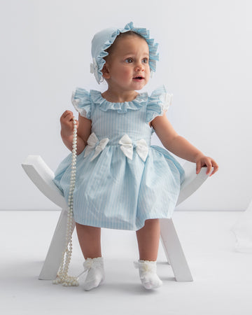Caramelo Kids Blue & White Three Piece Striped Jampant Set with Broderie Anglaise Bow - Style number: 031580