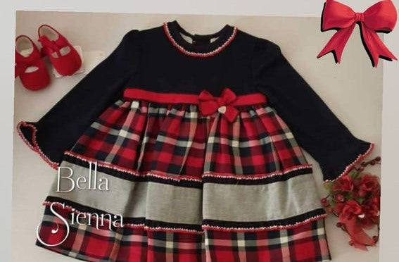 Amaya Girls Navy/Red Tartan Dress With Bow Amaya 