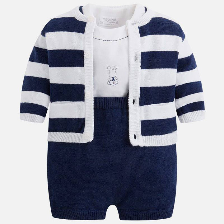Mayoral Baby Newborn Boys White And Navy Blue Fine Knitted Three Piece Set