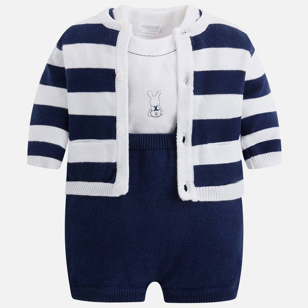 Mayoral Baby/Reborn/Newborn Boys White And Navy Blue Fine Knitted Three Piece Set