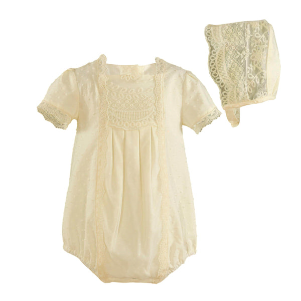 Miranda Ivory Romper & Matching Bonnet With Lace Detail - 0120/PG