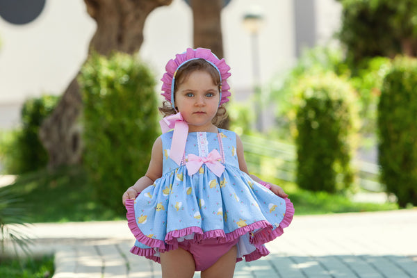 Abuela Tata Chick Print Baby Girls Dress, Pants & Bonnet Set - 12274
