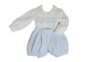 Pretty Originals Smocked Blue & Cream Romper With Headband MT00937 Blue