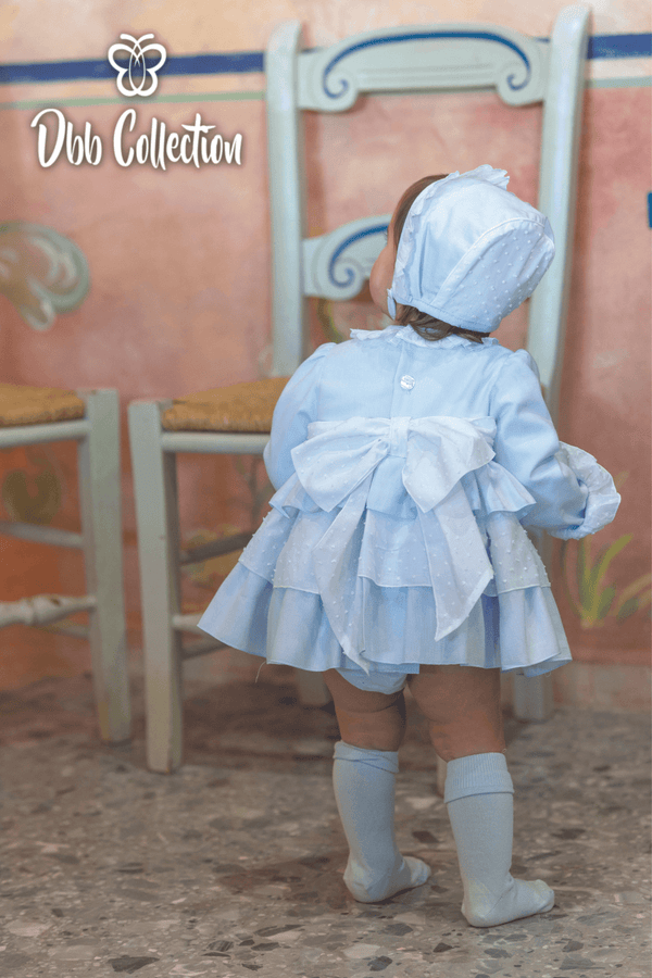 Dbb Collection Baby Blue & White Dress, Pants & Bonnet Set - 12701
