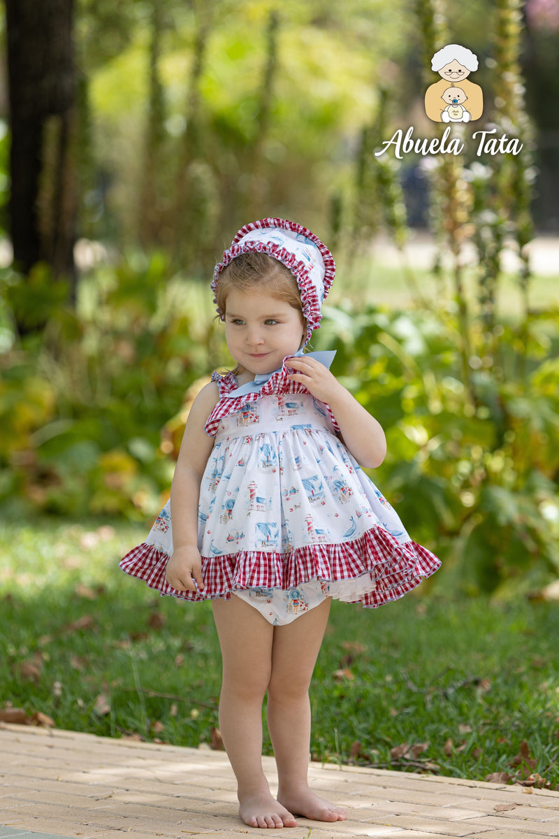 Abuela Tata Seaside Theme Dress, Pants & Bonnet - 1299317