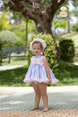 Abuela Tata Blue & Pink Dress, Pants & Bonnet - 1299319