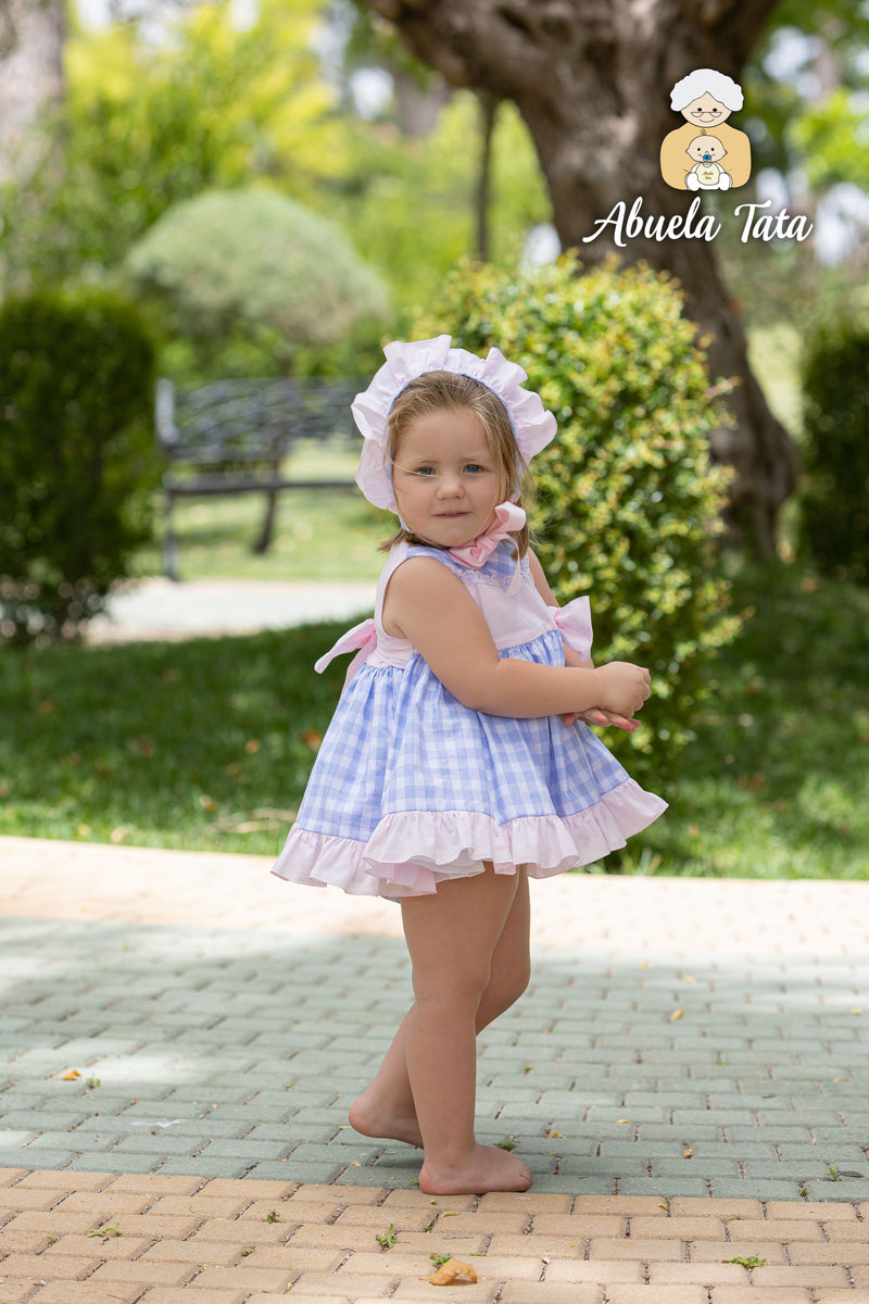 Abuela Tata Blue & Pink Dress, Pants & Bonnet - 1299319